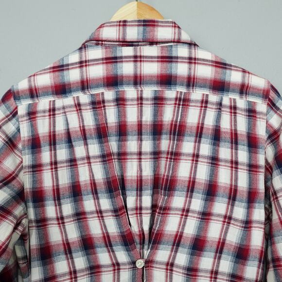 Horny Toad Flannel Tunic Top Sz S Red Cream Plaid Gathered Back Shirt Pockets LS - Picture 11 of 14